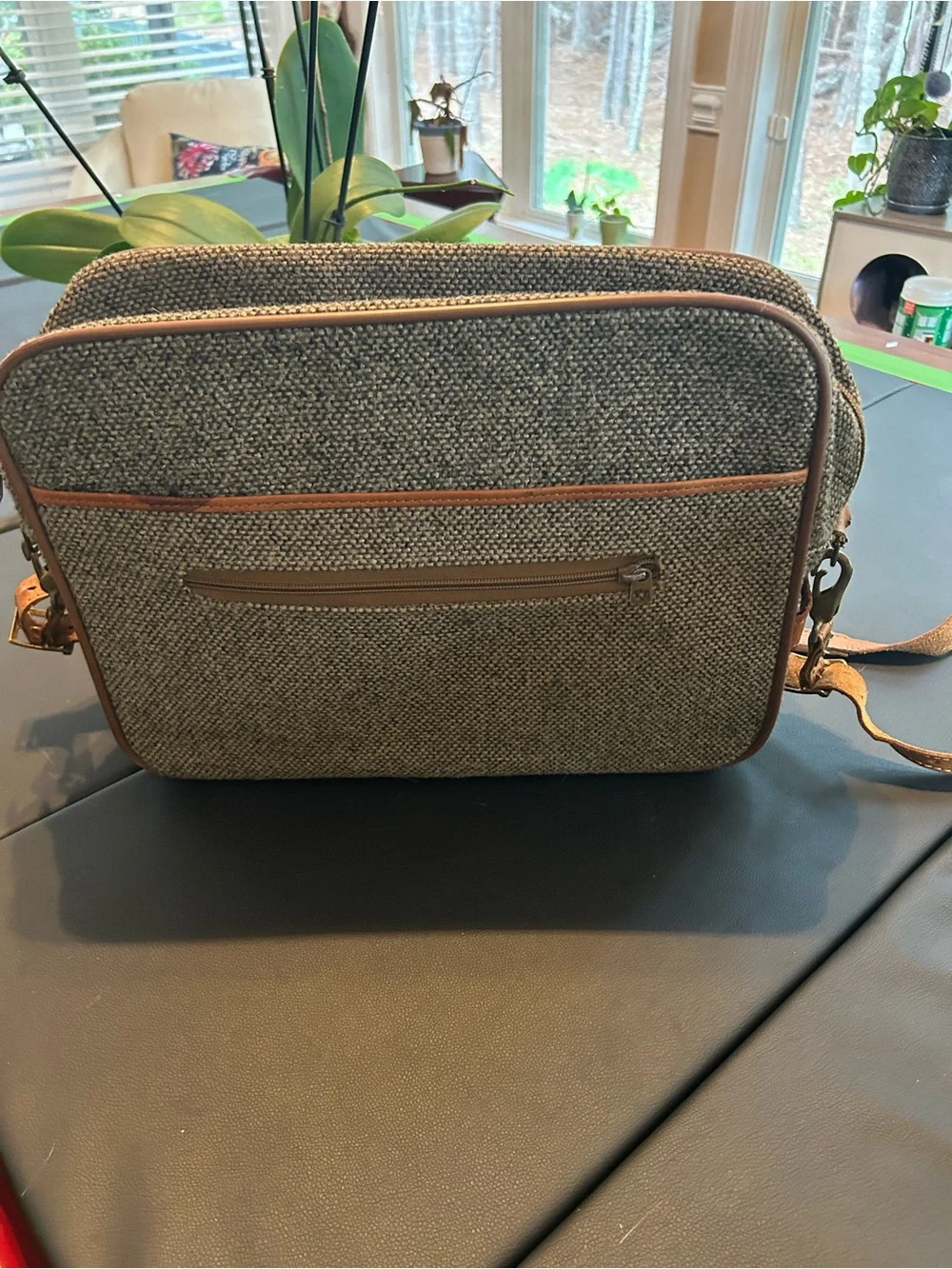 Vintage Hartmann Men's Gray Tweed Messenger Bag with Brown Leather Accents